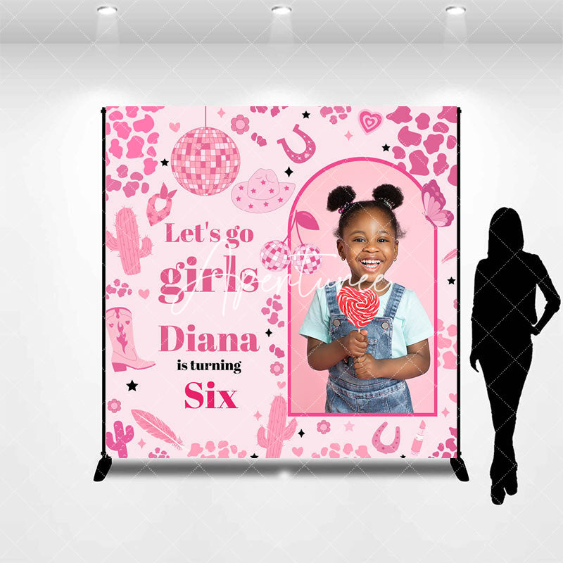 Aperturee - Custom Photo Name Pink Cowgirl 6th Birthday Backdrop