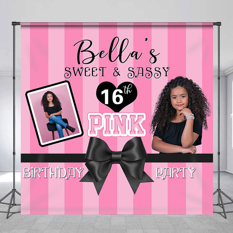 Aperturee - Custom Photo Pink Stripes Sweet 16 Birthday Backdrop