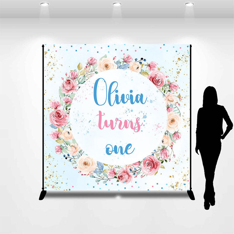 Aperturee - Custom Pink Blue Floral Wreath Girl Birthday Backdrop