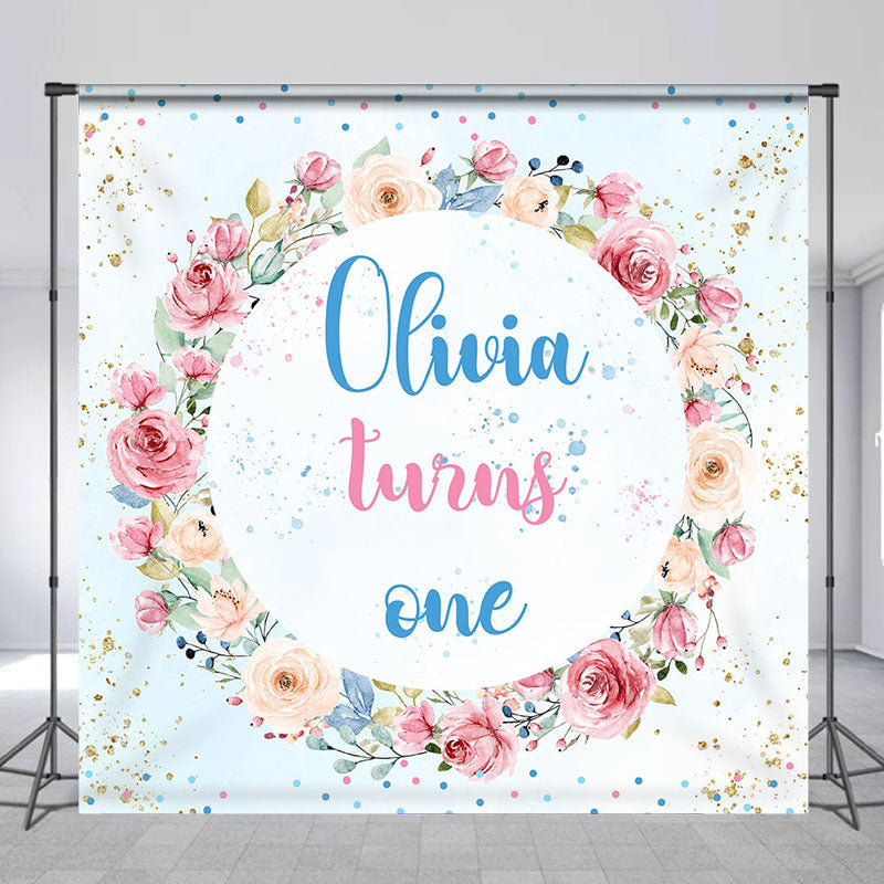 Aperturee - Custom Pink Blue Floral Wreath Girl Birthday Backdrop