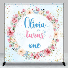 Aperturee - Custom Pink Blue Floral Wreath Girl Birthday Backdrop