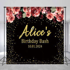 Aperturee - Custom Pink Floral Black Birthday Party Backdrop