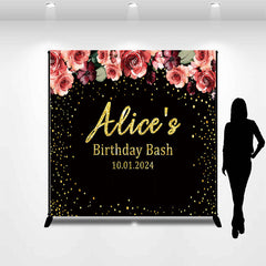 Aperturee - Custom Pink Floral Black Birthday Party Backdrop