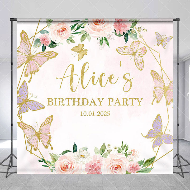 Aperturee - Custom Pink Floral Butterflies Birthday Backdrop