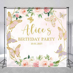 Aperturee - Custom Pink Floral Butterflies Birthday Backdrop