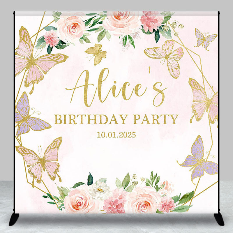 Aperturee - Custom Pink Floral Butterflies Birthday Backdrop