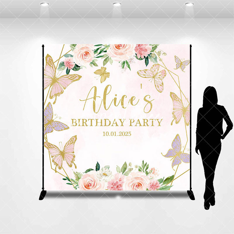 Aperturee - Custom Pink Floral Butterflies Birthday Backdrop