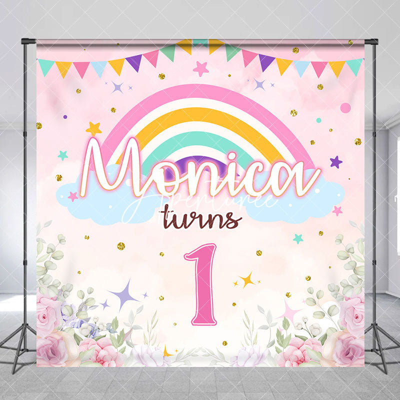 Aperturee - Custom Pink Floral Rainbow 1st Birthday Backdrop