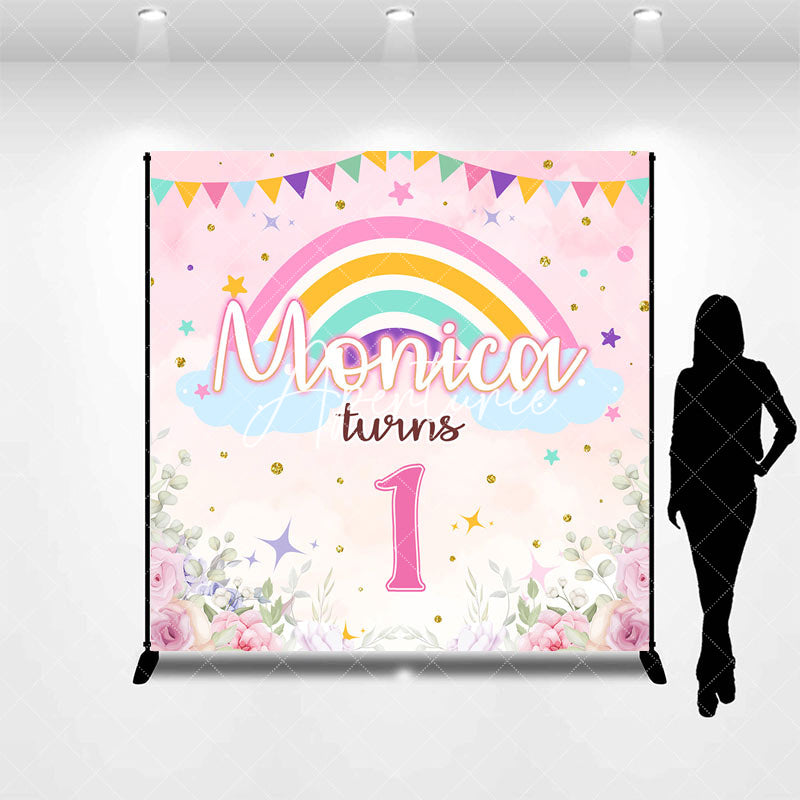 Aperturee - Custom Pink Floral Rainbow 1st Birthday Backdrop