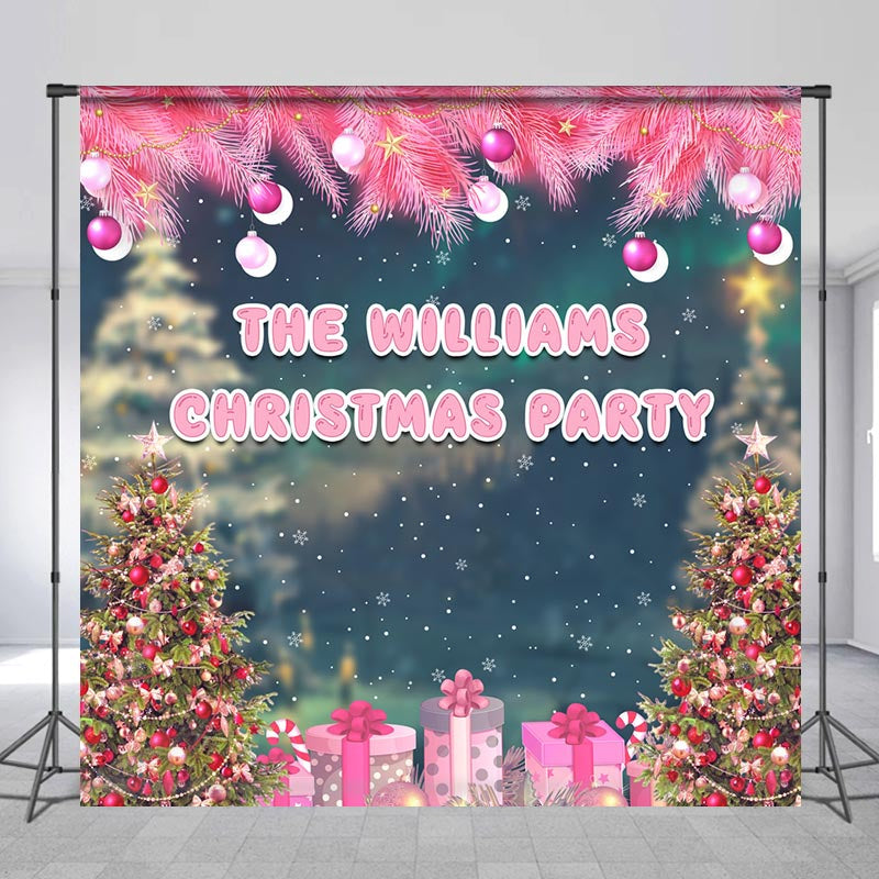 Aperturee - Custom Pink Plants Tree Family Christmas Backdrop