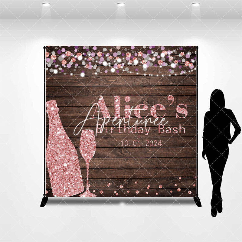 Aperturee - Custom Pink Wine Glass Wooden Birthday Bash Backdrop