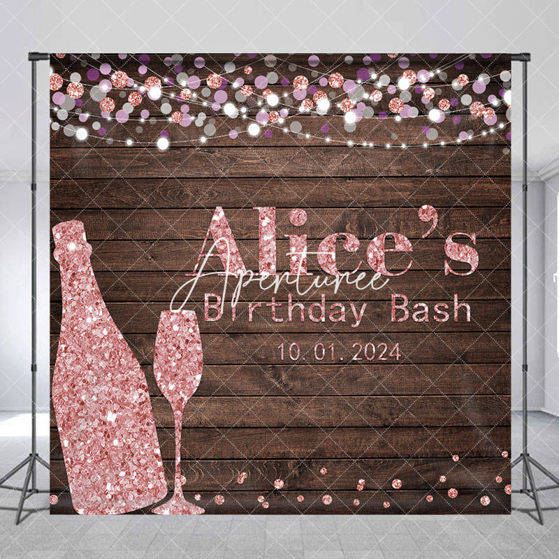 Aperturee - Custom Pink Wine Glass Wooden Birthday Bash Backdrop