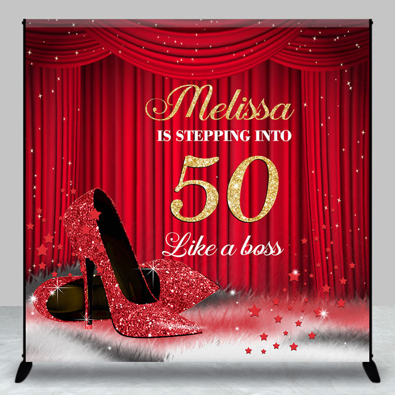 Aperturee - Custom Red Curtain High Heel 50th Birthday Backdrop