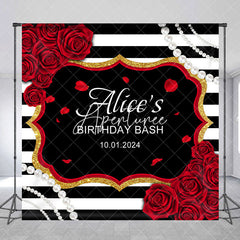 Aperturee - Custom Red Rose Pearl Stripe Birthday Bash Backdrop