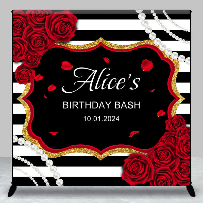 Aperturee - Custom Red Rose Pearl Stripe Birthday Bash Backdrop