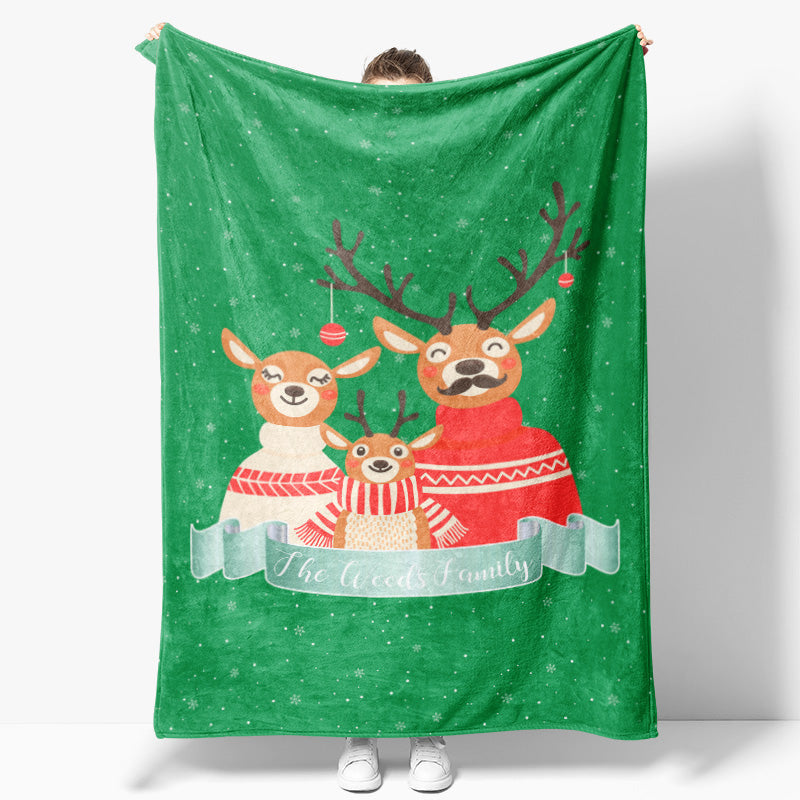 Lofaris Customize Elk Family Snowy Green Blanket With Name