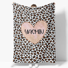 Aperturee - Customized Name Heart Brown Leopard Pattern Blanket