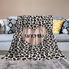 Aperturee - Customized Name Heart Brown Leopard Pattern Blanket