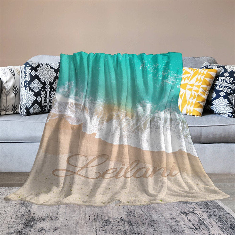 Aperturee - Customized Name Sandbeach Sea Wave Snuggly Blanket