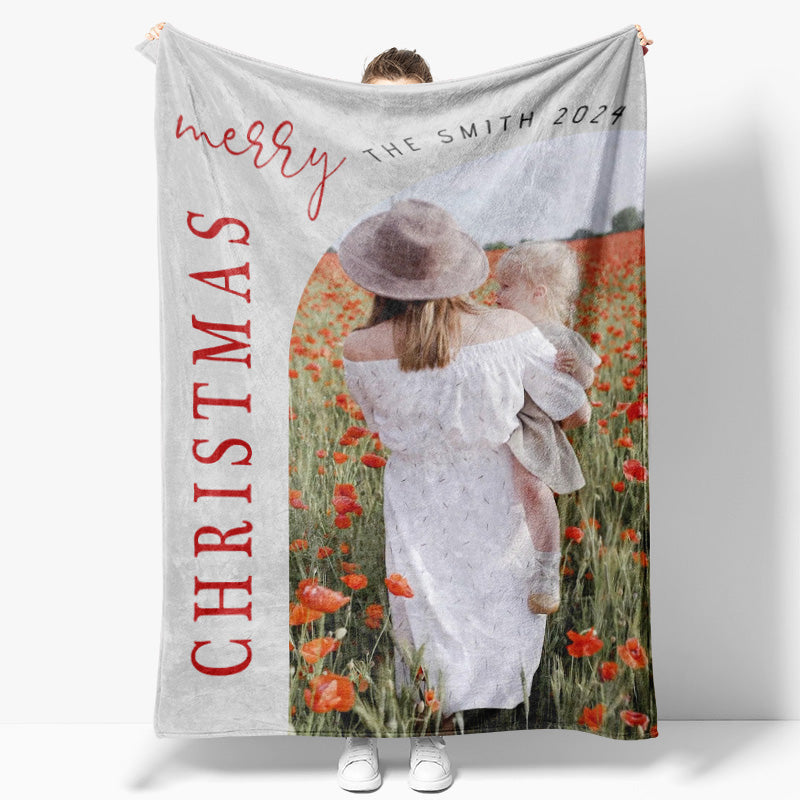 Aperturee - Customized Photo Gray Family 2024 Christmas Blanket