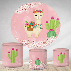 Aperturee Cute Alpaca And Cactus Round Pink Birthday Backdrop