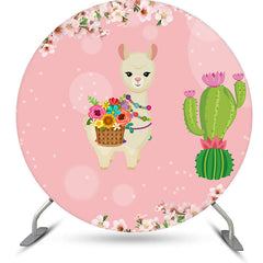 Aperturee - Cute Alpaca And Cactus Round Pink Birthday Backdrop