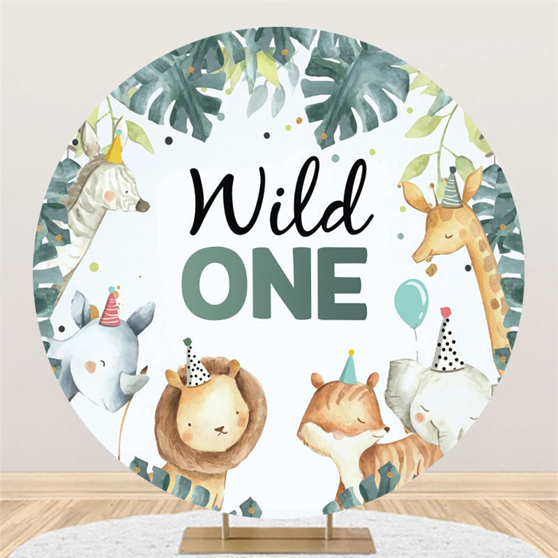 Aperturee Cute Animals And Leaves Round Blue 1st Birthday Backdrop