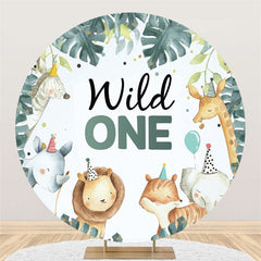 Aperturee Cute Animals And Leaves Round Blue 1st Birthday Backdrop