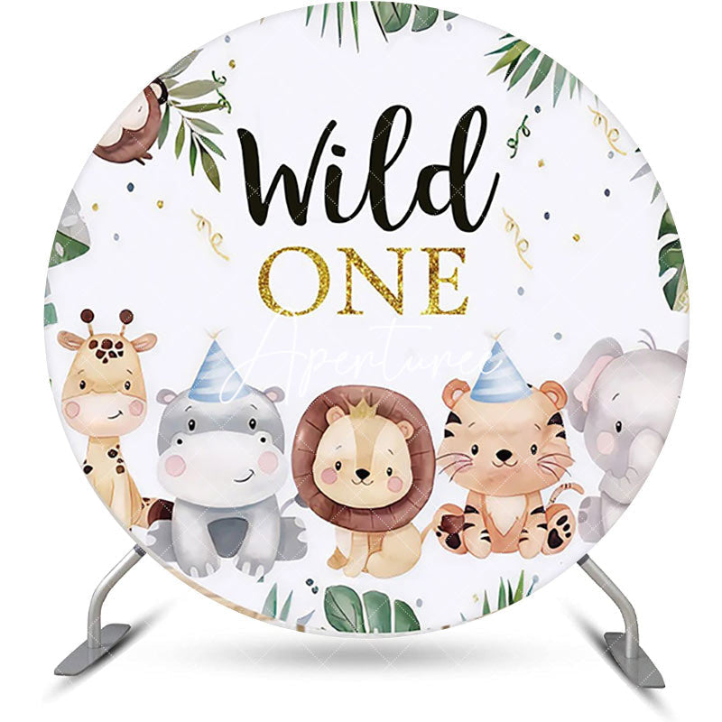 Aperturee - Cute Animals Green Leaves Round 1st Birthday Backdrop