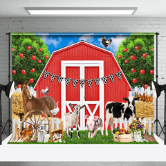 Aperturee - Cute Animals Red Cabin Birthday Cake Smash Backdrop