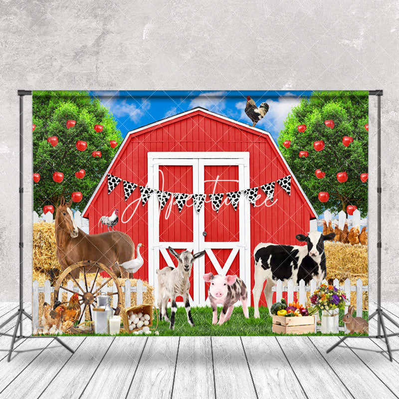 Aperturee - Cute Animals Red Cabin Birthday Cake Smash Backdrop