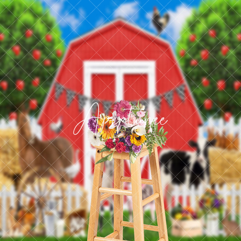 Aperturee - Cute Animals Red Cabin Birthday Cake Smash Backdrop