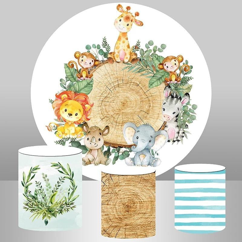 Aperturee Cute Animals With Wood Leave Round Baby Shower Backdrop