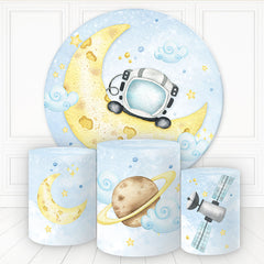 Aperturee Cute Astronaut On Moon And Cloud Round Birthday Backdrop Kit