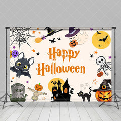 Aperturee - Cute Bats Ghosts Pumpkin Happy Halloween Backdrop