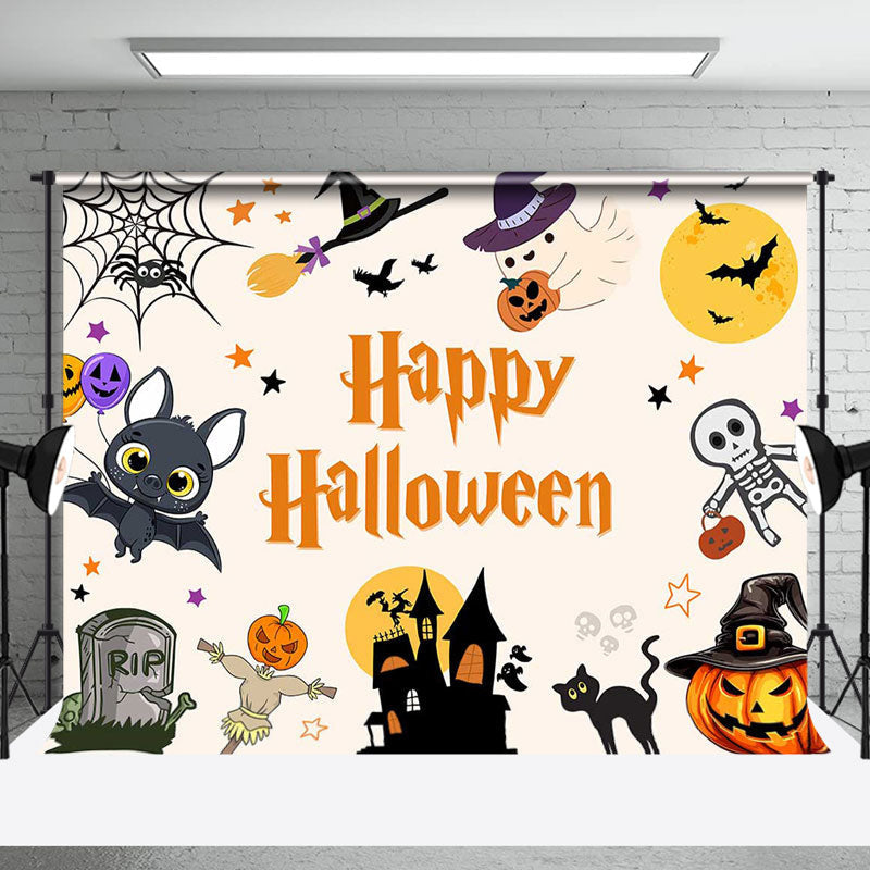 Aperturee - Cute Bats Ghosts Pumpkin Happy Halloween Backdrop