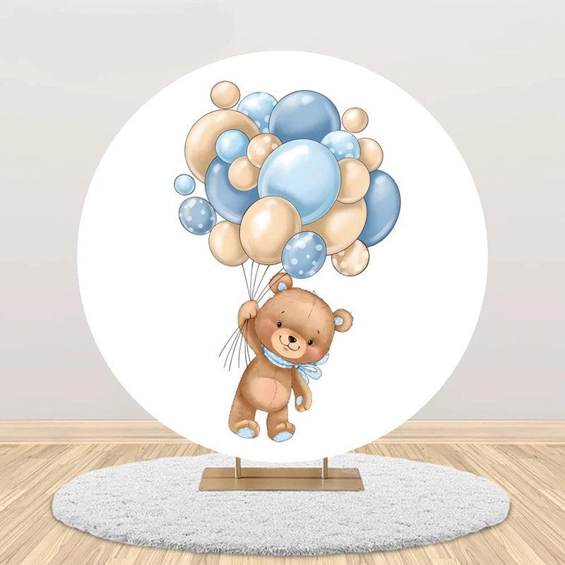 Aperturee - Cute Bear Beige Blue Balloon Round Birthday Backdrop