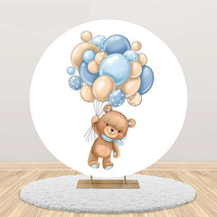 Aperturee - Cute Bear Beige Blue Balloon Round Birthday Backdrop