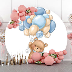 Aperturee - Cute Bear Beige Blue Balloon Round Birthday Backdrop