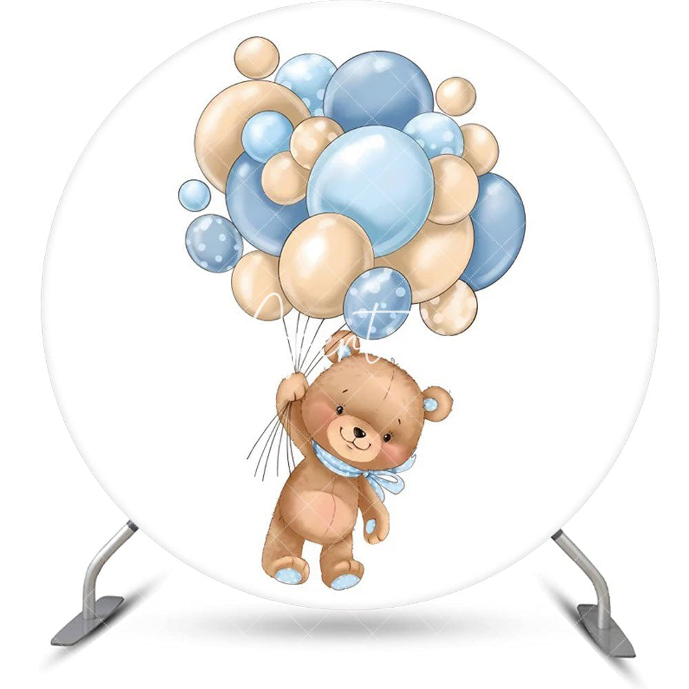 Aperturee - Cute Bear Beige Blue Balloon Round Birthday Backdrop