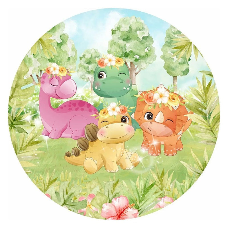 Aperturee - Cute Bright Cartoon Dinosaur Round Birthday Backdrop Kit