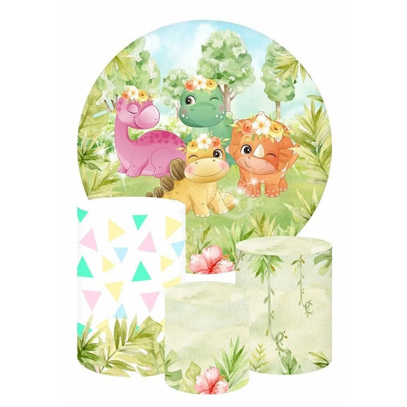 Aperturee Cute Bright Cartoon Dinosaur Round Birthday Backdrop Kit