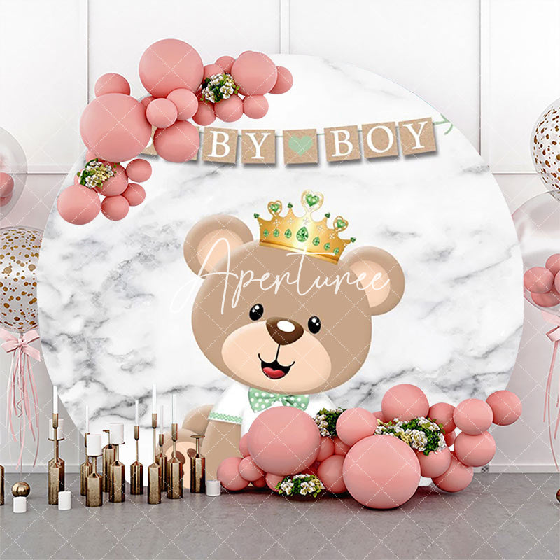 Aperturee - Cute Brown Bear Marble Round Baby Shower Backdrop