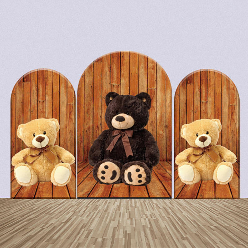 Aperturee - Cute Brown Teddy Bears Wood Wall Arch Backdrop Kit