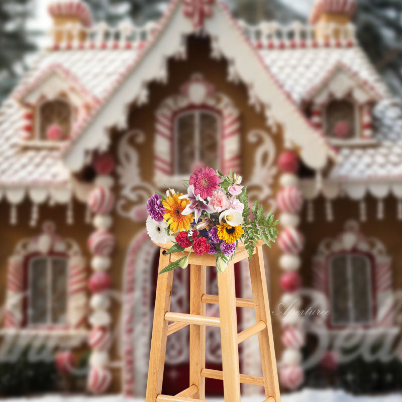 Aperturee - Cute Candy House Christmas Backdrop For Photo Shoot