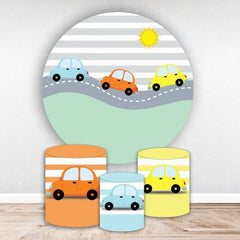 Aperturee Cute Cars Grey White Stripes Boy Round Backdrop Kit