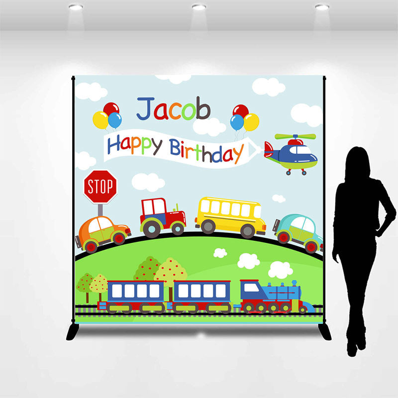 Aperturee - Cute Cars Train Green Grass Custom Birthday Backdrop