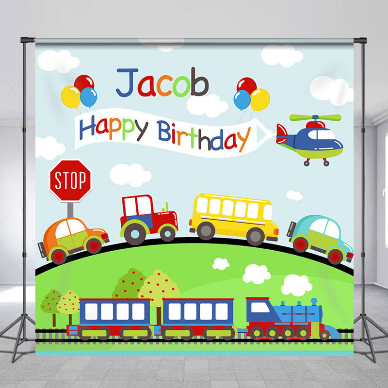 Aperturee - Cute Cars Train Green Grass Custom Birthday Backdrop