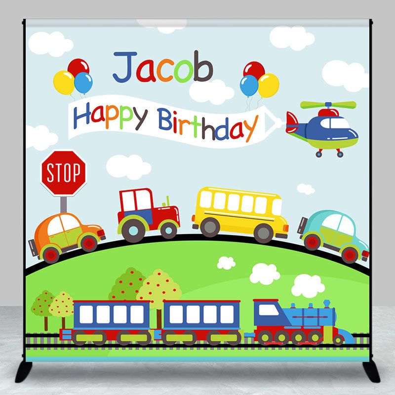 Aperturee - Cute Cars Train Green Grass Custom Birthday Backdrop