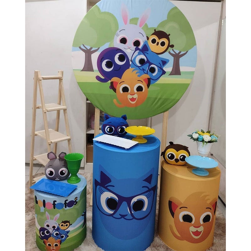 Aperturee Cute Cartoon Animals And Trees Round Birthday Backdrop Kit